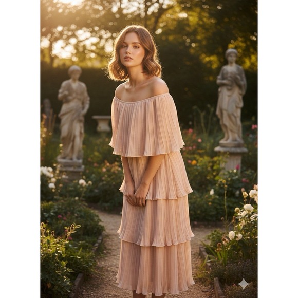 Lulus Dresses & Skirts - Lulus Blush Pleated Off-the-Shoulder Tiered Midi Dress Romantic Wedding Coquette